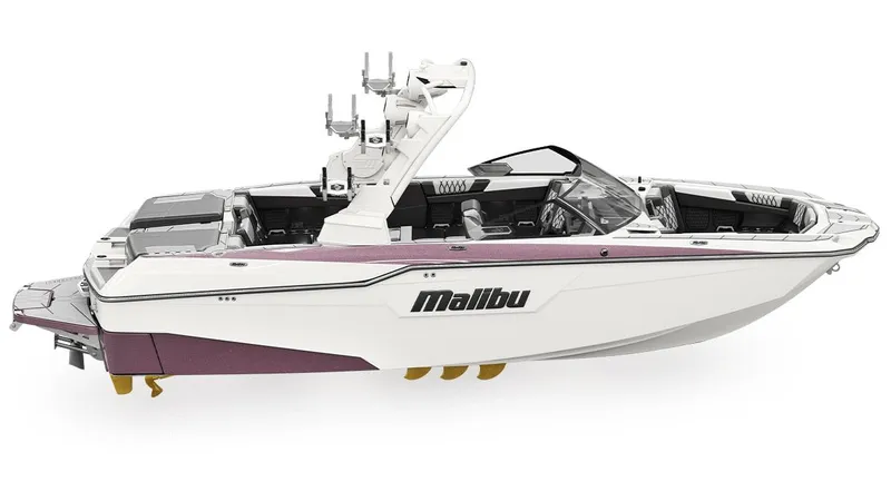 Slide: The Image of 2025 Malibu M230 boat, sleek design, white and purple accents, modern features. - 1