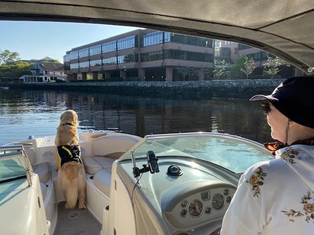 Slide: The Image of Person and dog on 2002 Maxum 2100 SD boat, enjoying a scenic river view. - 9