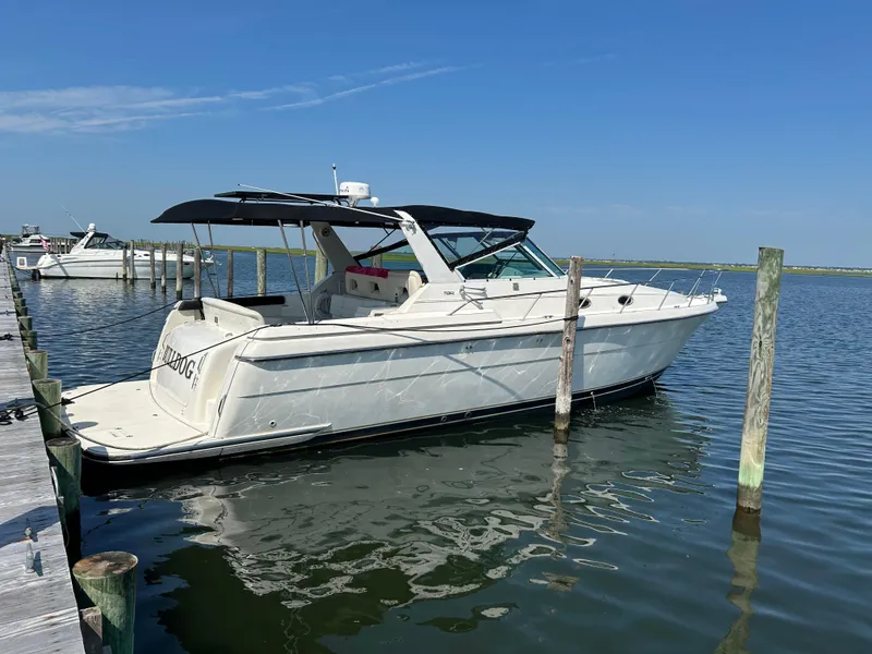 The Image of 1997 Tiara Yachts 4000 Express docked on calm water under clear blue sky. - 0