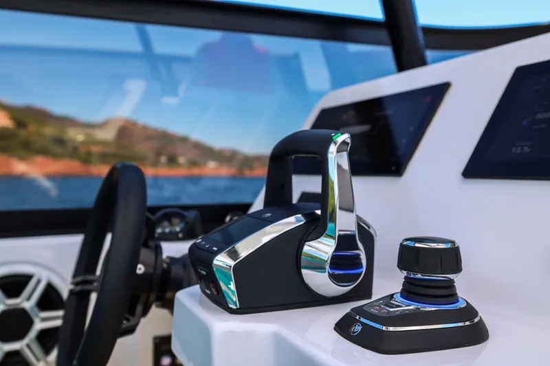 Slide: The Image of Control panel of 2025 Canados Heritage 36 yacht with modern steering and navigation. - 16