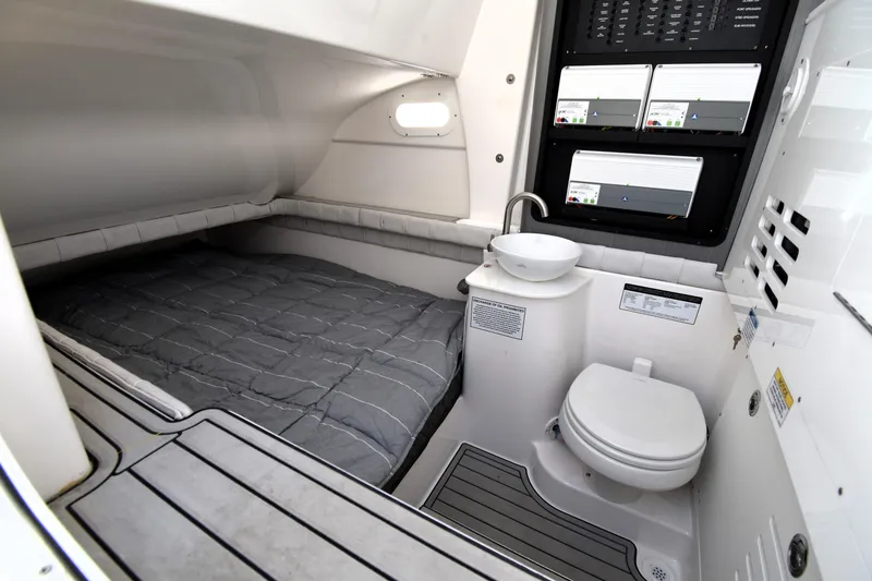 Slide: The Image of Interior cabin of 2021 Sea Fox 368 boat with bed, sink, and toilet. - 15