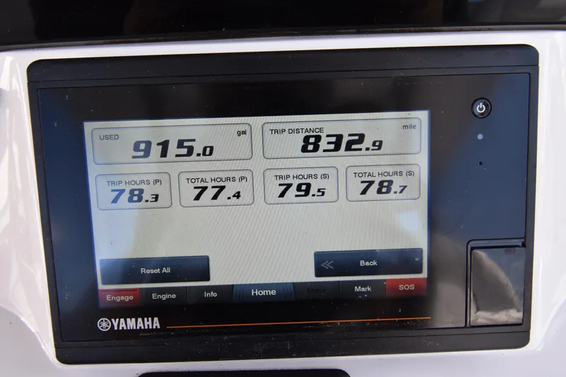 Slide: The Image of Yamaha display showing fuel usage, trip distance, and engine hours on a 2021 Sea Fox 368. - 16