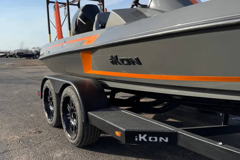 Slide: The Image of 2024 iKon LX20 boat on trailer, featuring sleek design and orange accents. - 8