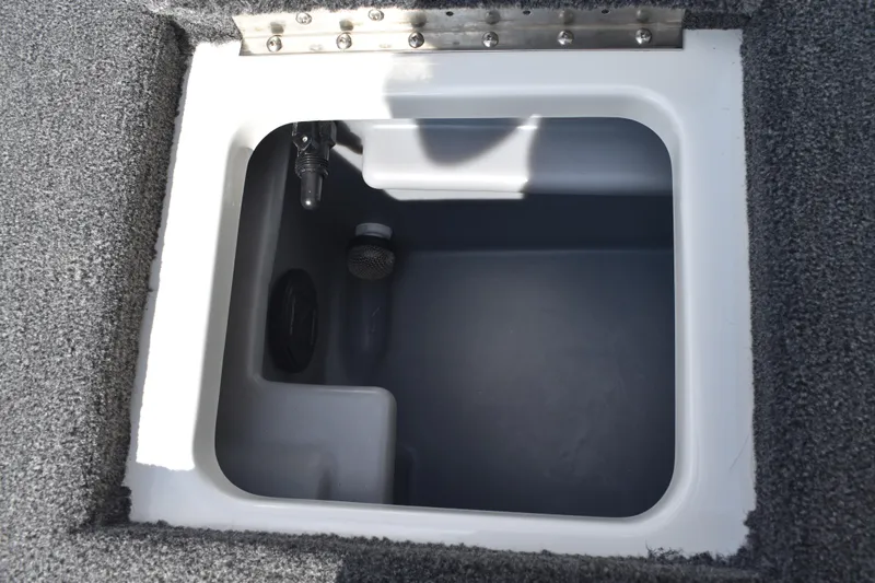 Slide: The Image of 2025 Triton 19 TrX Patriot livewell interior with gray and white finish. - 26