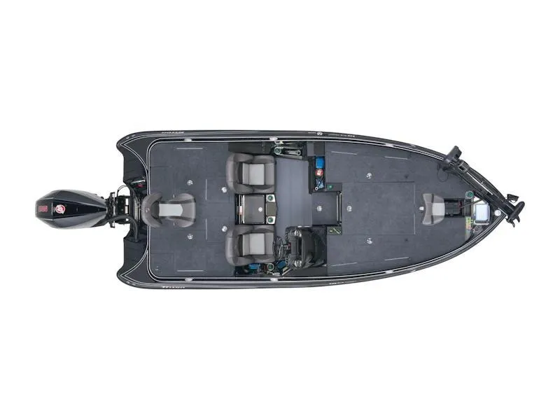 Slide: The Image of 2025 Triton 19 TrX Patriot boat, top view, showcasing seating and deck layout. - 31