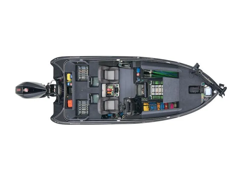 Slide: The Image of 2025 Triton 19 TrX Patriot boat, top view, showcasing seating and storage layout. - 32