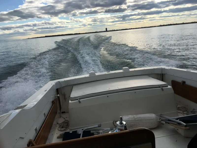 Slide: The Image of 1976 Bertram 26 Moppie cruising on open water under a cloudy sky. - 6