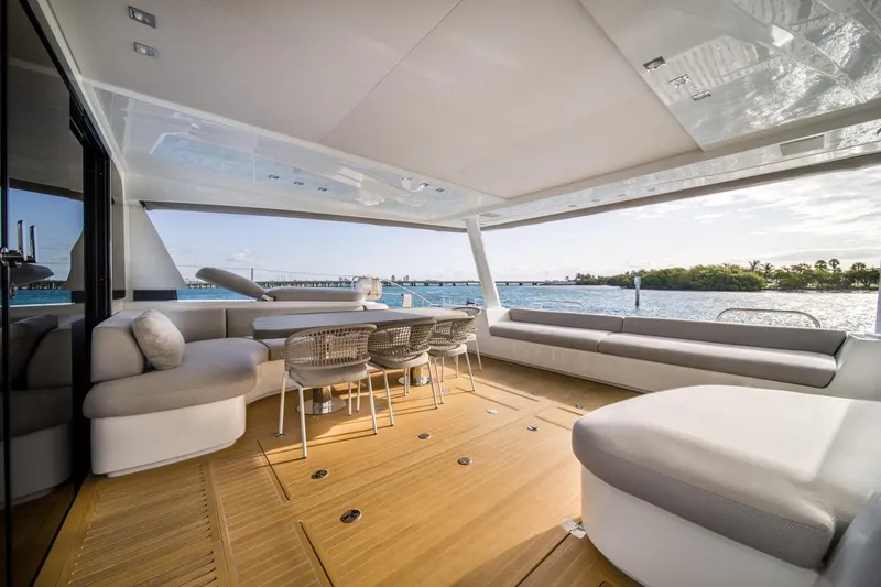 Slide: The Image of Luxurious 2020 Lagoon SEVENTY 7 yacht deck with elegant seating and ocean view. - 15