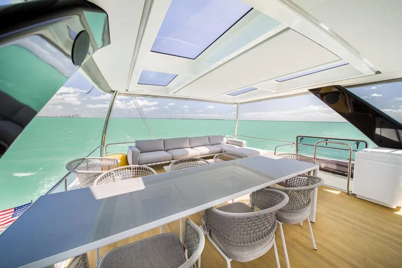 Slide: The Image of Luxurious Lagoon SEVENTY 7 yacht deck with seating, ocean view, and skylights, 2020 model. - 42