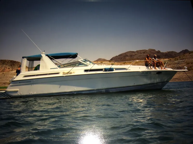 The Image of 1992 Four Winns Express Cruiser on water with passengers, mountainous background. - 1
