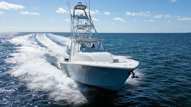 Slide: The Image of 2015 SeaVee 430 Fisharound cruising on open water under clear skies. - 25