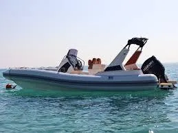 The Image of 2025 Tiger Marine 750 TL boat on clear blue water, featuring sleek design and powerful engine. - 1