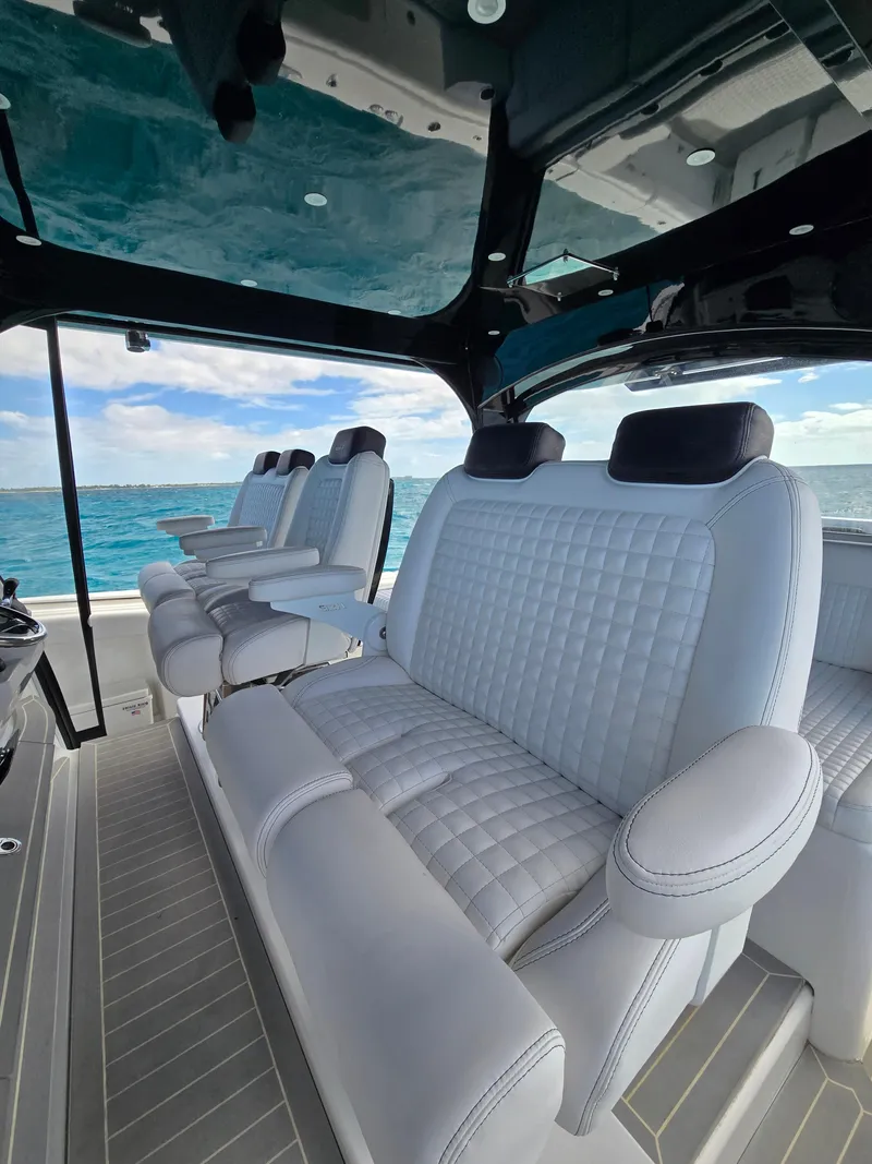 Slide: The Image of Luxurious seating on 2021 HCB 65 Estrella boat with ocean view. - 22