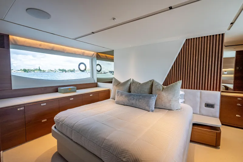 Slide: The Image of Luxurious bedroom interior of 2023 Princess Y72 yacht with elegant design and waterfront view. - 41
