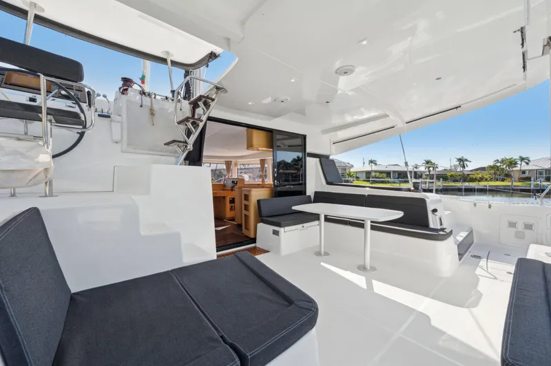 Slide: The Image of 2019 Lagoon 42 catamaran interior with modern seating and open deck view. - 42