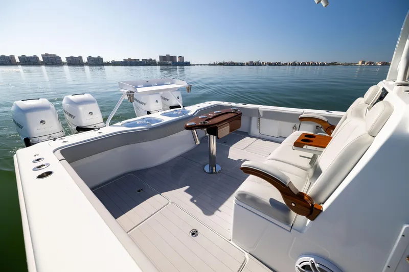 Slide: The Image of Luxury Freeman 43 boat interior, 2022 model, with seating and ocean view. - 23