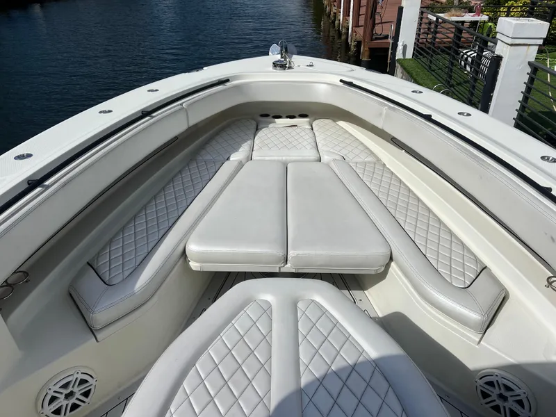 Slide: The Image of 2017 Hydra-Sports 4200 Siesta boat with luxurious white seating and diamond stitching. - 15
