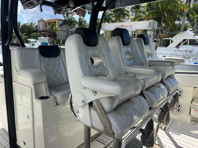 Slide: The Image of Luxurious seating on 2017 Hydra-Sports 4200 Siesta boat, featuring plush, quilted upholstery. - 8