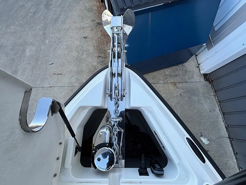 Slide: The Image of Anchor system on a 2025 Navan C30 boat, featuring polished metal components. - 43