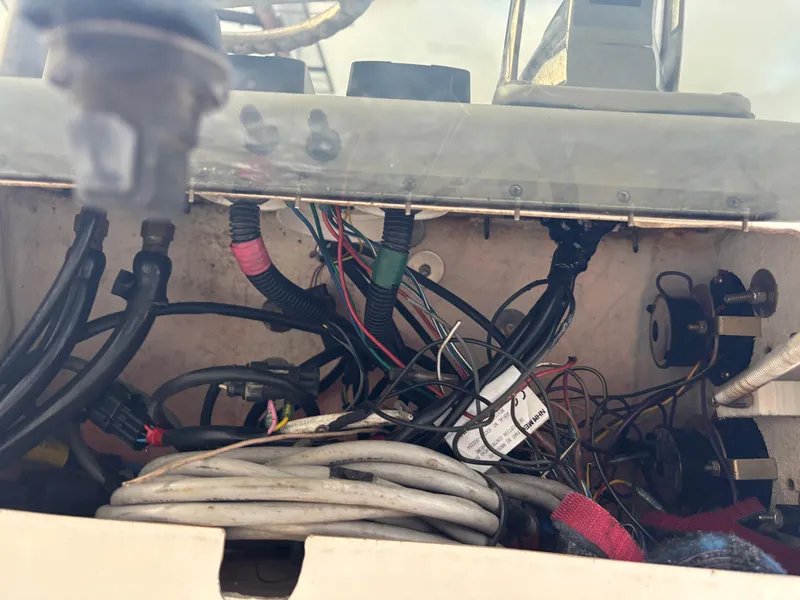 Slide: The Image of Wiring and cables inside a 1997 Jefferson Marlago 35 FS boat console. - 26
