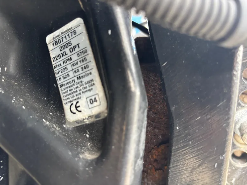 Slide: The Image of Label on Mercury Marine engine, model 225XL OPT, serial 1B071178, on Jefferson Marlago 35 FS. - 9