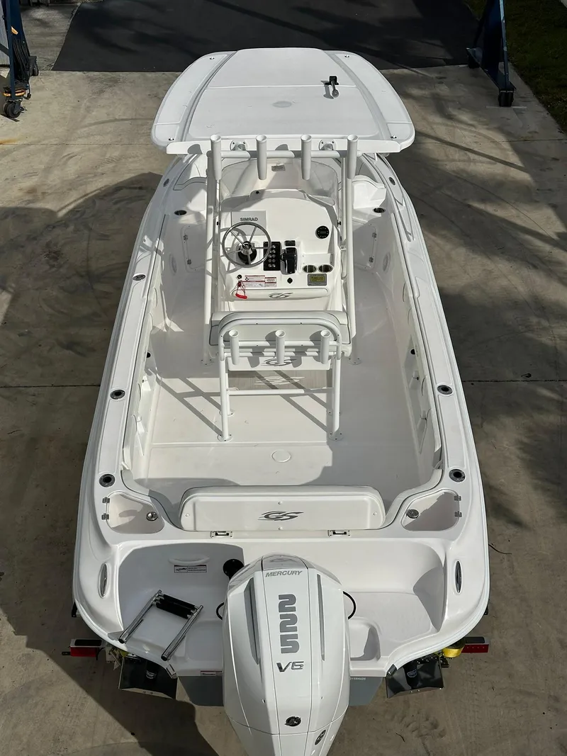 Slide: The Image of 2025 Glasstream 240 CCX boat, aerial view, showcasing sleek design and spacious deck. - 3