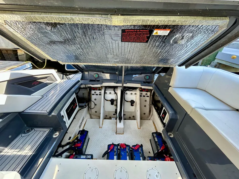 Slide: The Image of 2021 Cruisers Yachts 338 South Beach Edition Bow Rider engine compartment, showcasing modern design and equipment. - 44