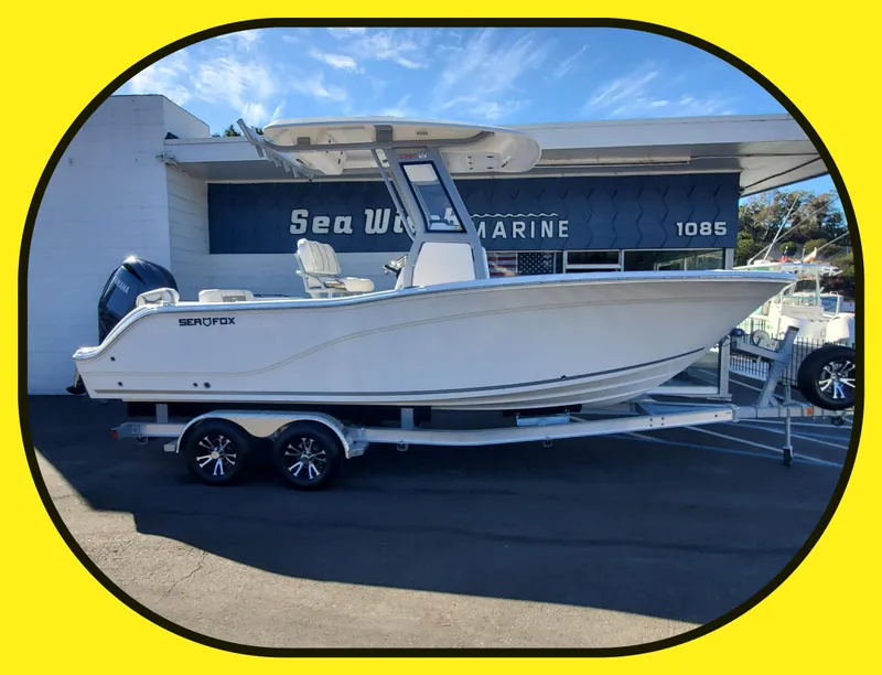 Slide: The Image of 2025 Sea Fox 228 Commander boat on trailer at Sea Way Marine dealership. - 0