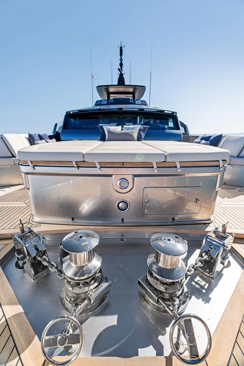 Slide: The Image of 2023 Pershing GTX 116 yacht deck with winches and sleek design. - 33