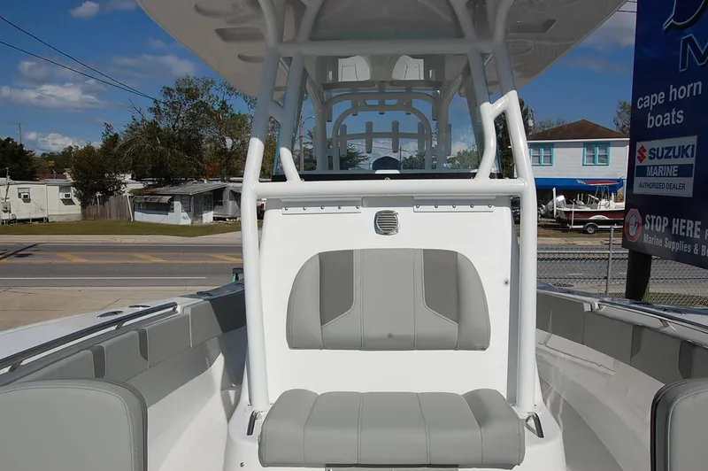 Slide: The Image of 2025 Cape Horn 28XS boat with sleek seating and modern design. - 20