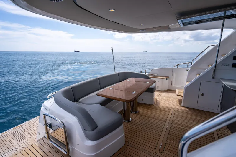Slide: The Image of Luxury 2023 Princess F65 yacht deck with ocean view, featuring elegant seating and wooden flooring. - 15