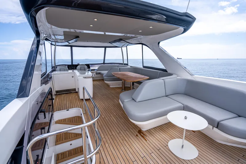 Slide: The Image of Luxurious 2023 Princess F65 yacht deck with elegant seating and ocean view. - 24