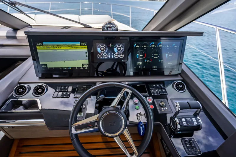 Slide: The Image of Luxurious 2023 Princess F65 yacht cockpit with advanced navigation displays and controls. - 29
