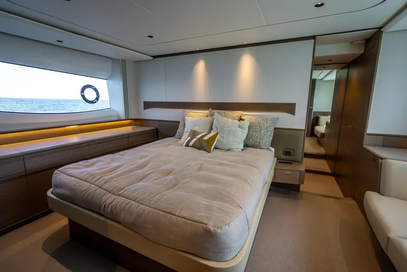 Slide: The Image of Luxurious bedroom interior of 2023 Princess F65 yacht with ocean view. - 40