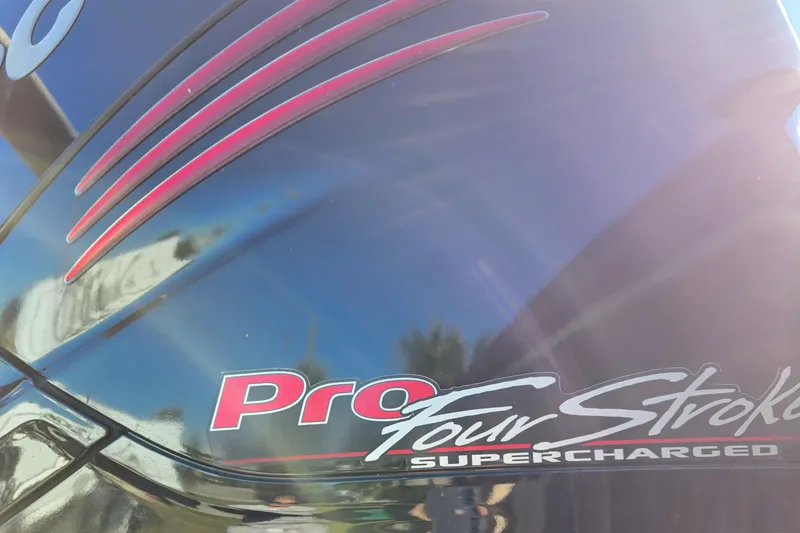 Slide: The Image of Close-up of a 2017 Regency 254 LE3 Pro FourStroke supercharged engine. - 22