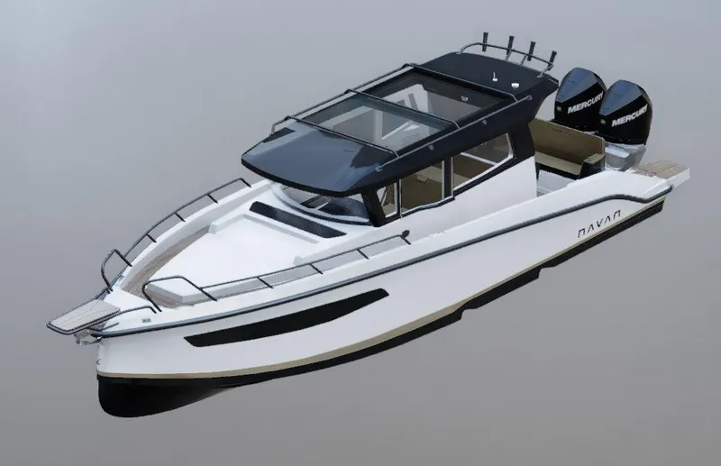 Slide: The Image of 2025 Navan C30 boat with sleek design and dual Mercury engines. - 25