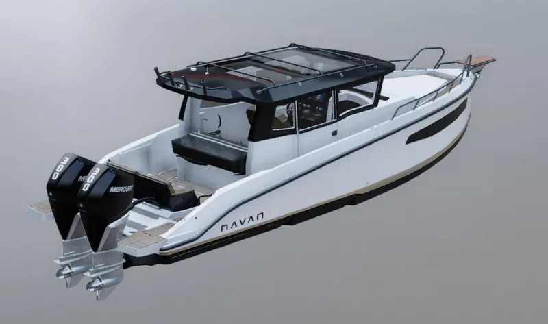 Slide: The Image of Navan C30 2025 boat with dual Mercury outboard engines, sleek design, and modern features. - 26