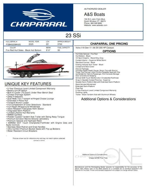 Slide: The Image of 2025 Chaparral 23 SSi boat features, pricing, and options brochure. - 47