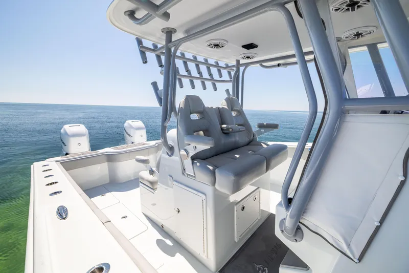 Slide: The Image of 2022 Freeman 34VH boat interior with seating and ocean view. - 27
