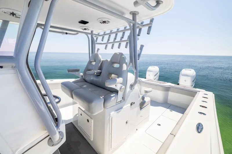 Slide: The Image of 2022 Freeman 34VH boat interior with dual seats, ocean view. - 29