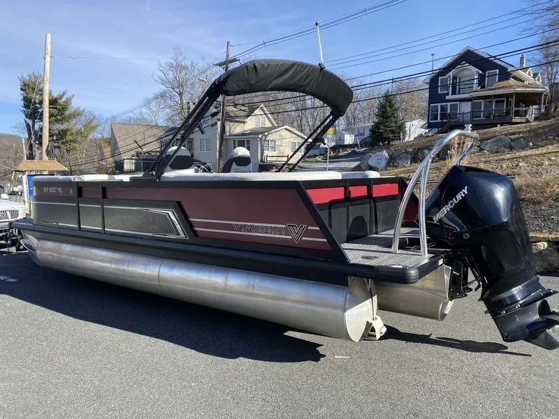 Slide: The Image of 2024 Viaggio Diamante D22U Triple pontoon boat with Mercury outboard engine. - 5