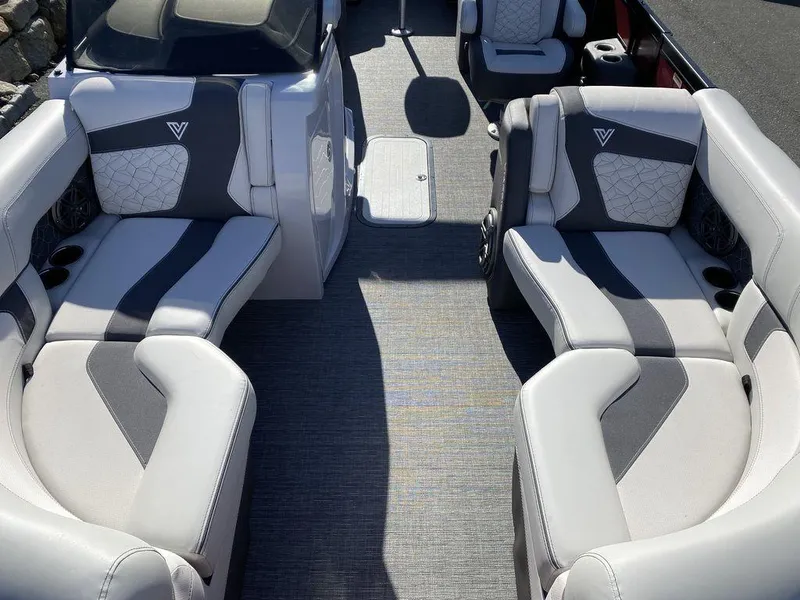 Slide: The Image of 2024 Viaggio Diamante D22U Triple pontoon boat with luxurious seating and modern design. - 8