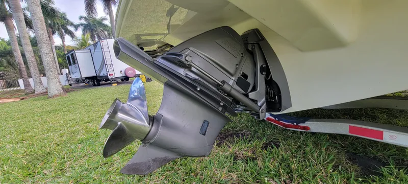 Slide: The Image of 2021 Regal LS2 boat propeller and outdrive on grass, with trailer and palm trees in background. - 17