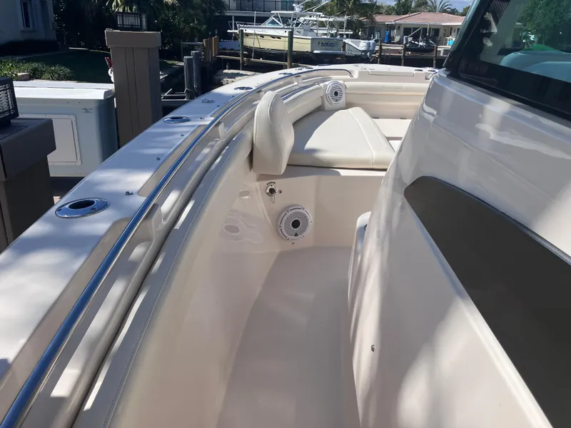 Slide: The Image of 2020 Grady-White Canyon 336 boat interior with seating and speaker. - 26