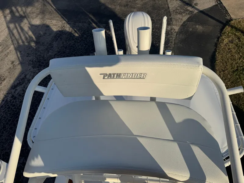 Slide: The Image of 2025 Pathfinder 2500 Hybrid boat seat with logo, viewed from above. - 41
