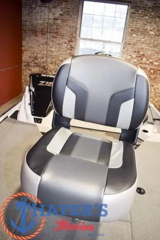 Slide: The Image of 2025 Nitro Z18 Pro boat seat in a showroom with Thayer's Marine logo. - 28