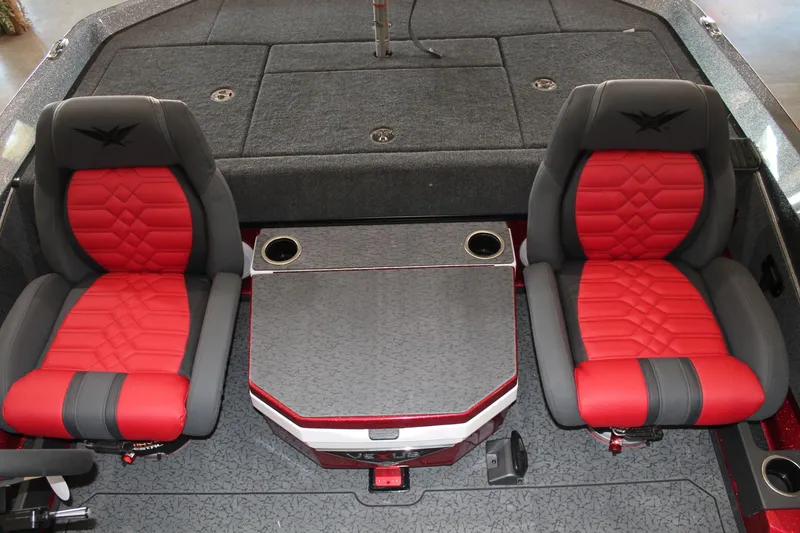Slide: The Image of 2025 Vexus VXS21 boat interior with red and gray seats, featuring cup holders. - 36