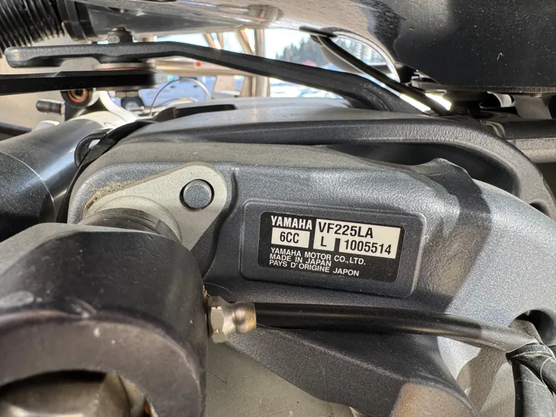 Slide: The Image of Close-up of Yamaha VF225LA engine label on a 2019 Godfrey Premium 235SD Sundeck boat. - 19