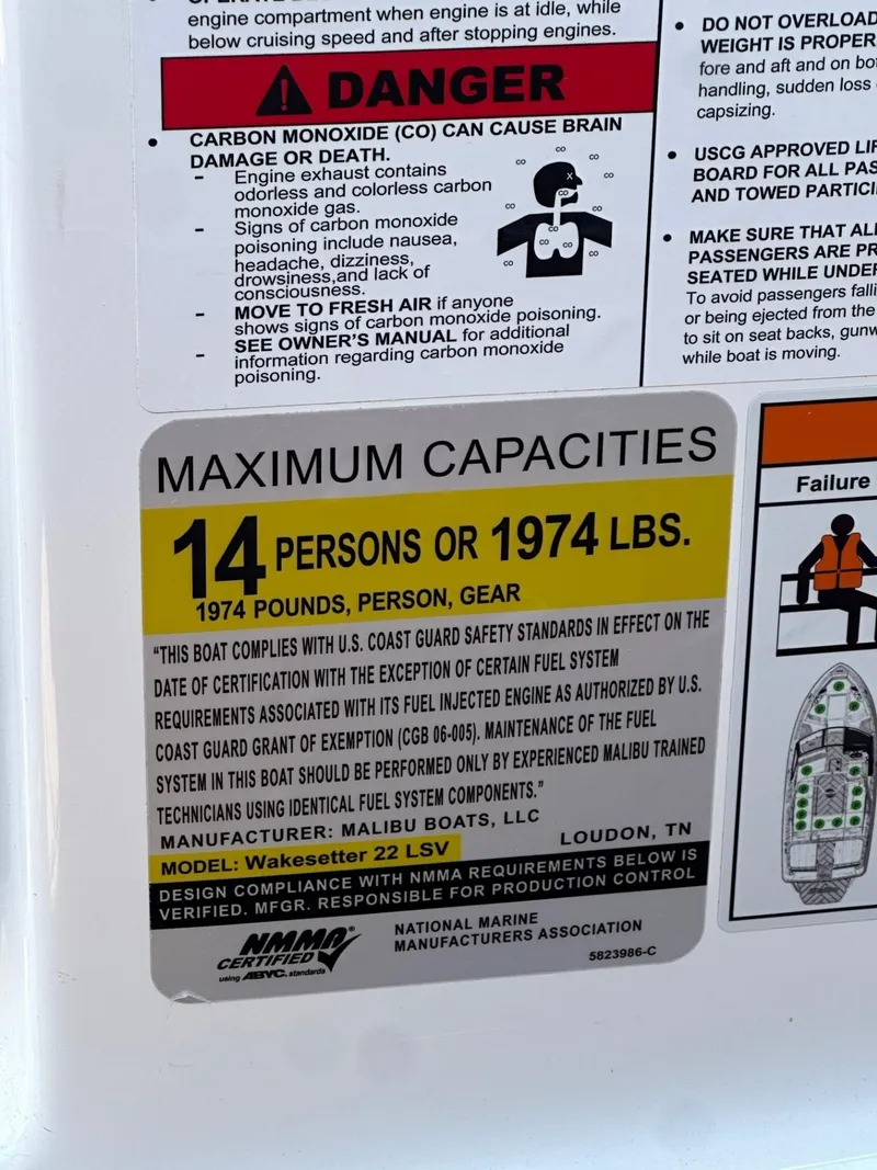 Slide: The Image of 2024 Malibu 22 LSV capacity label: 14 persons or 1974 lbs, safety warnings included. - 20