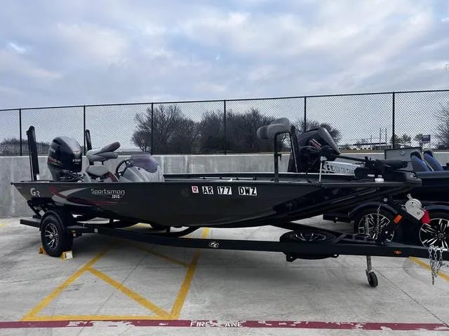 Slide: The Image of 2022 G3 Sportsman 1910 boat on trailer, parked outdoors under cloudy sky. - 1